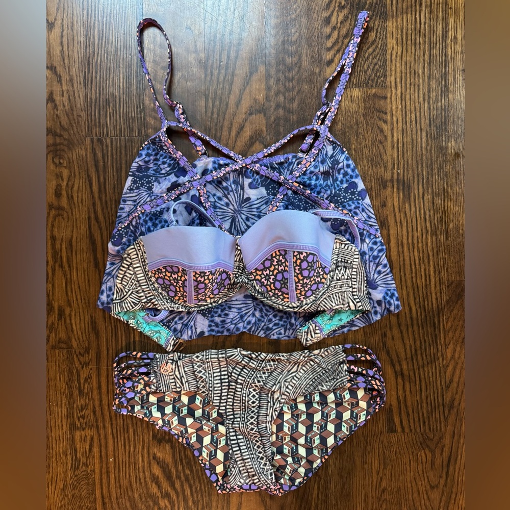 Maaji Boho Print Bikini Swim Set – Padded Top + Tankini Overlay – Size M